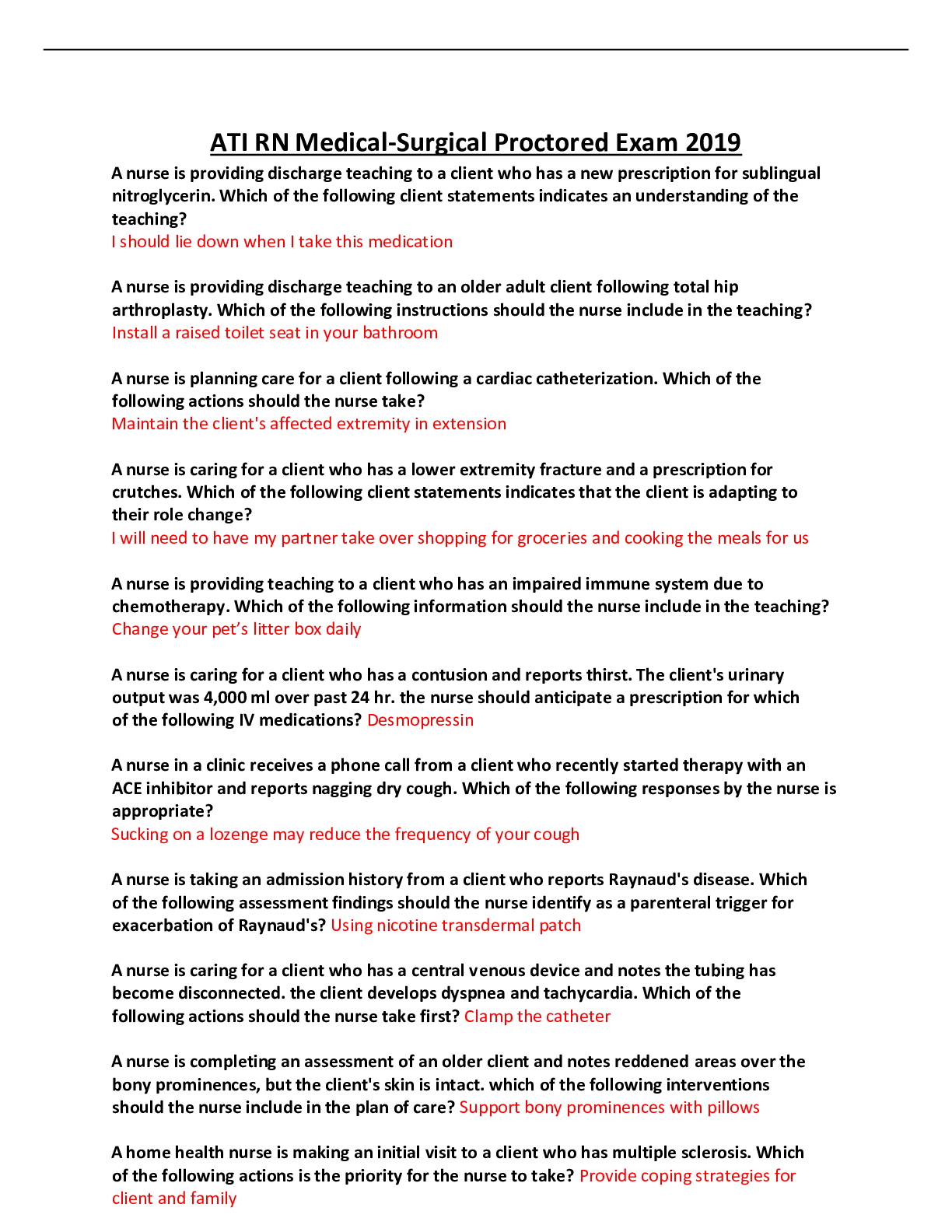Preview image for ATI RN Medical-Surgical Proctored Exam 2019 Correct questions and answers